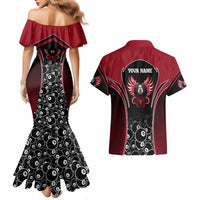 Personalized Billiards Eight Ball Couples Matching Mermaid Dress and Hawaiian Shirt with Red Wing Emblem and Black Gradient Bubble Pattern - Wonder Print Shop