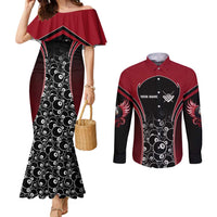 Personalized Billiards Eight Ball Couples Matching Mermaid Dress and Long Sleeve Button Shirt with Red Wing Emblem and Black Gradient Bubble Pattern - Wonder Print Shop