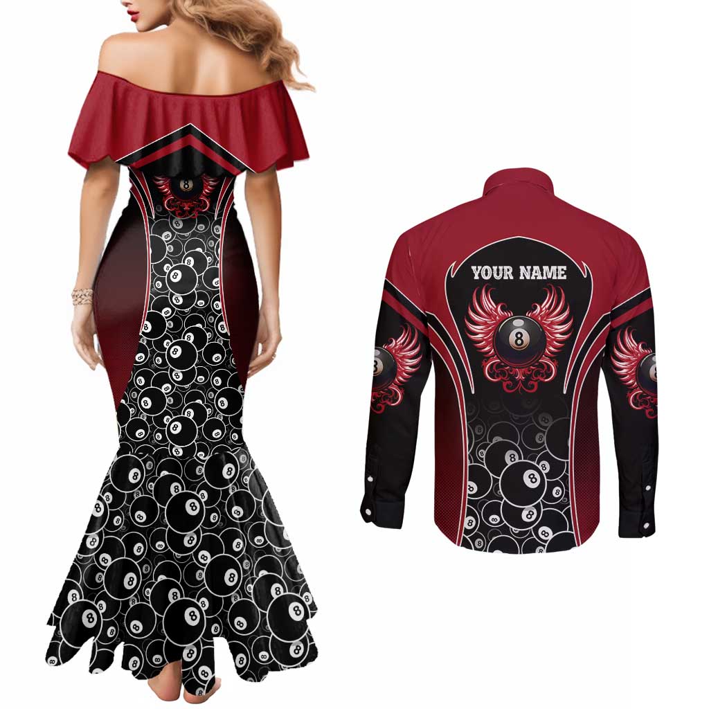 Personalized Billiards Eight Ball Couples Matching Mermaid Dress and Long Sleeve Button Shirt with Red Wing Emblem and Black Gradient Bubble Pattern - Wonder Print Shop