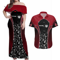 Personalized Billiards Eight Ball Couples Matching Off Shoulder Maxi Dress and Hawaiian Shirt with Red Wing Emblem and Black Gradient Bubble Pattern - Wonder Print Shop