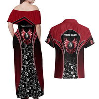 Personalized Billiards Eight Ball Couples Matching Off Shoulder Maxi Dress and Hawaiian Shirt with Red Wing Emblem and Black Gradient Bubble Pattern - Wonder Print Shop