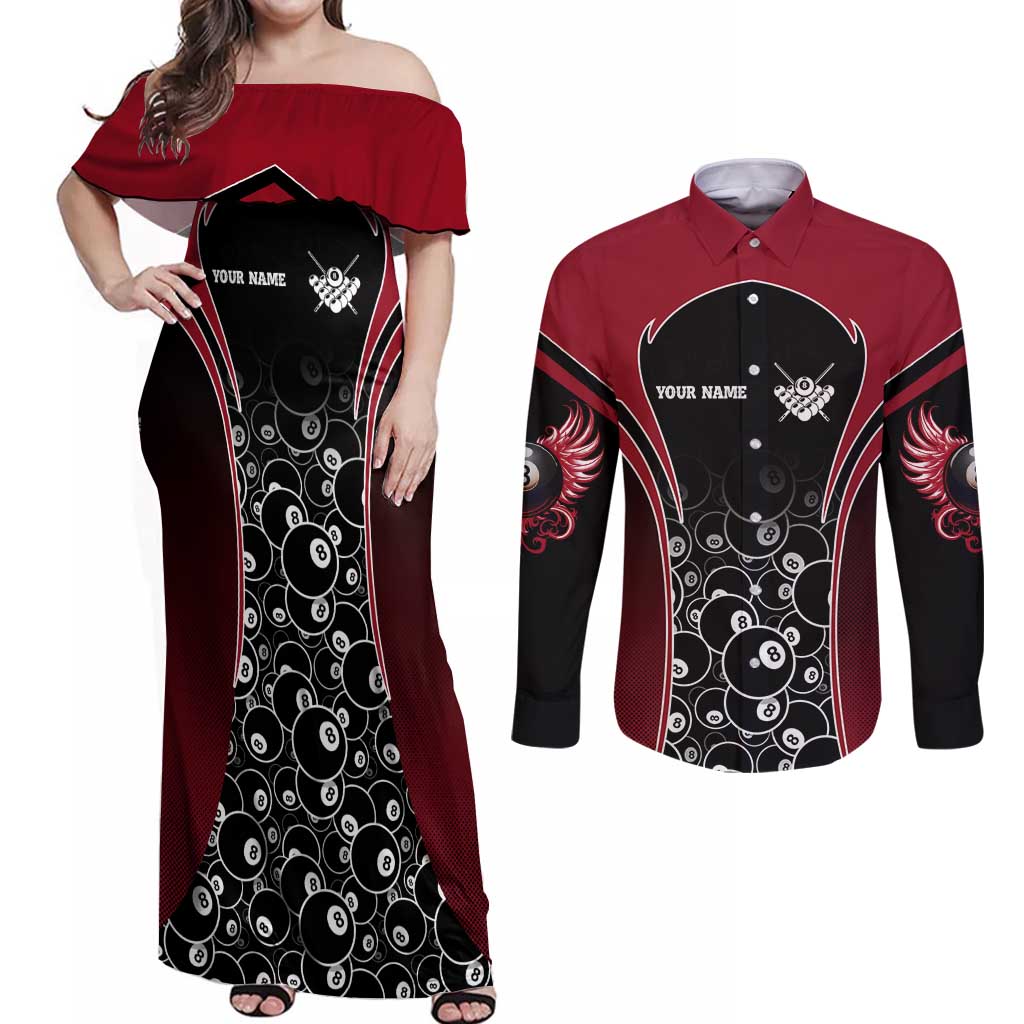 Personalized Billiards Eight Ball Couples Matching Off Shoulder Maxi Dress and Long Sleeve Button Shirt with Red Wing Emblem and Black Gradient Bubble Pattern - Wonder Print Shop