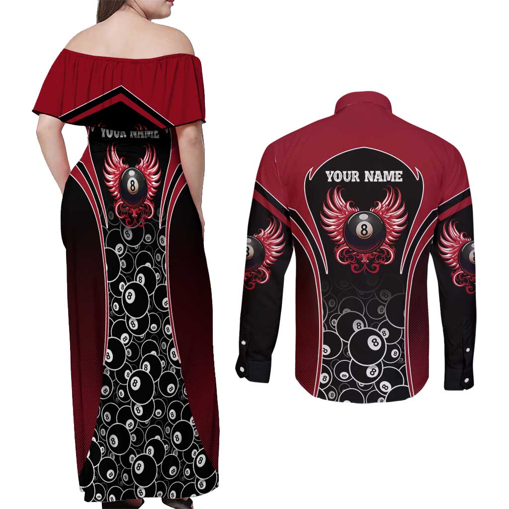 Personalized Billiards Eight Ball Couples Matching Off Shoulder Maxi Dress and Long Sleeve Button Shirt with Red Wing Emblem and Black Gradient Bubble Pattern - Wonder Print Shop