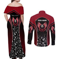 Personalized Billiards Eight Ball Couples Matching Off Shoulder Maxi Dress and Long Sleeve Button Shirt with Red Wing Emblem and Black Gradient Bubble Pattern - Wonder Print Shop