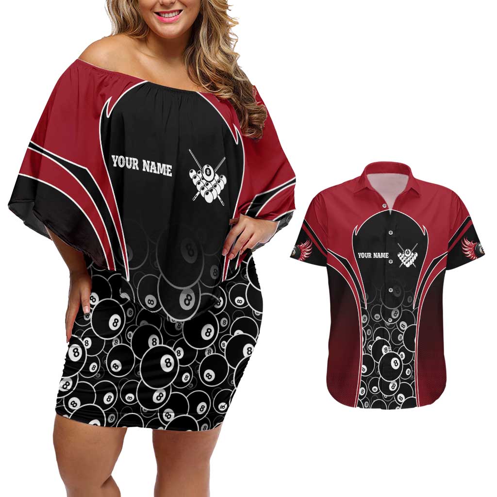 Personalized Billiards Eight Ball Couples Matching Off Shoulder Short Dress and Hawaiian Shirt with Red Wing Emblem and Black Gradient Bubble Pattern - Wonder Print Shop