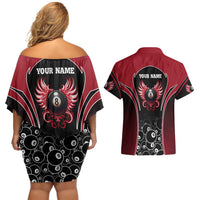 Personalized Billiards Eight Ball Couples Matching Off Shoulder Short Dress and Hawaiian Shirt with Red Wing Emblem and Black Gradient Bubble Pattern - Wonder Print Shop