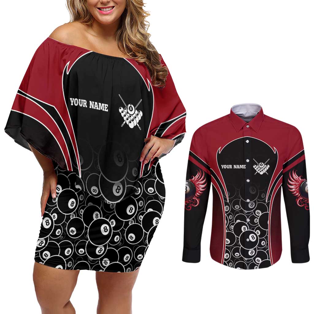 Personalized Billiards Eight Ball Couples Matching Off Shoulder Short Dress and Long Sleeve Button Shirt with Red Wing Emblem and Black Gradient Bubble Pattern - Wonder Print Shop