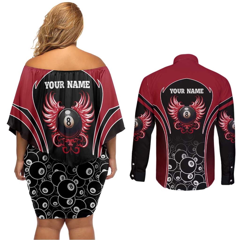 Personalized Billiards Eight Ball Couples Matching Off Shoulder Short Dress and Long Sleeve Button Shirt with Red Wing Emblem and Black Gradient Bubble Pattern - Wonder Print Shop
