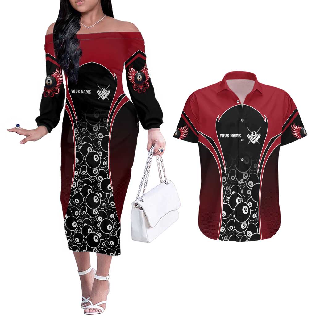 Personalized Billiards Eight Ball Couples Matching Off The Shoulder Long Sleeve Dress and Hawaiian Shirt with Red Wing Emblem and Black Gradient Bubble Pattern - Wonder Print Shop