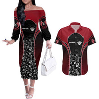 Personalized Billiards Eight Ball Couples Matching Off The Shoulder Long Sleeve Dress and Hawaiian Shirt with Red Wing Emblem and Black Gradient Bubble Pattern - Wonder Print Shop