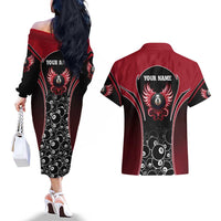 Personalized Billiards Eight Ball Couples Matching Off The Shoulder Long Sleeve Dress and Hawaiian Shirt with Red Wing Emblem and Black Gradient Bubble Pattern - Wonder Print Shop