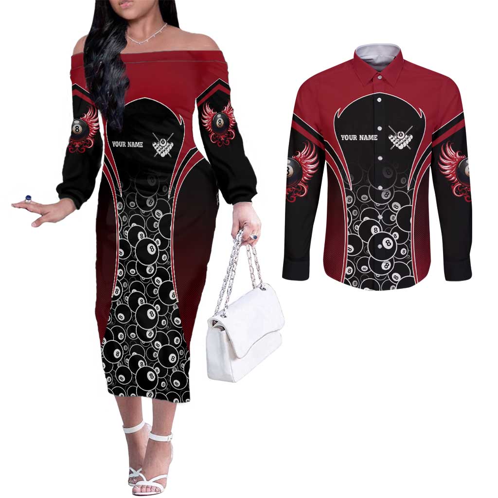 Personalized Billiards Eight Ball Couples Matching Off The Shoulder Long Sleeve Dress and Long Sleeve Button Shirt with Red Wing Emblem and Black Gradient Bubble Pattern - Wonder Print Shop