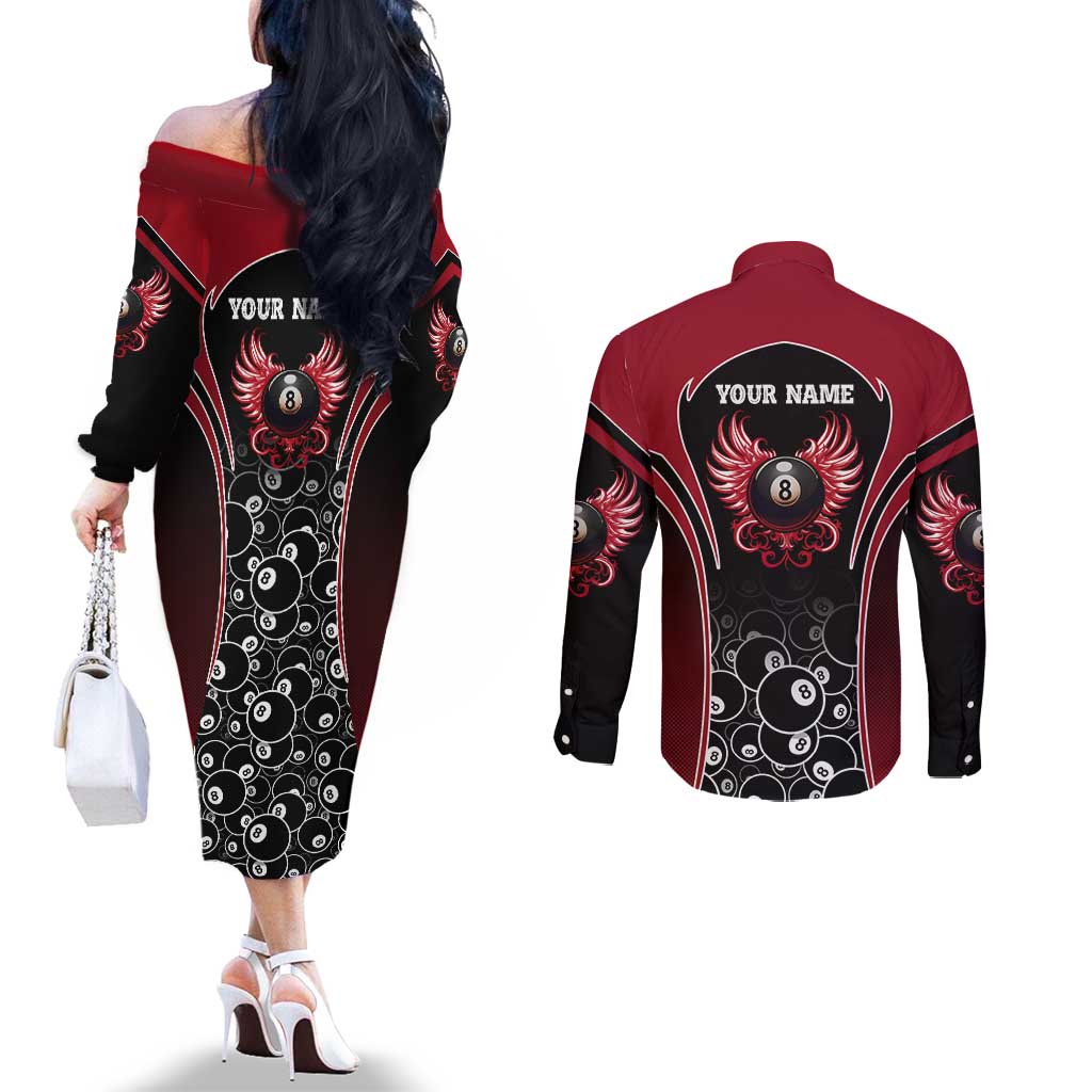 Personalized Billiards Eight Ball Couples Matching Off The Shoulder Long Sleeve Dress and Long Sleeve Button Shirt with Red Wing Emblem and Black Gradient Bubble Pattern - Wonder Print Shop