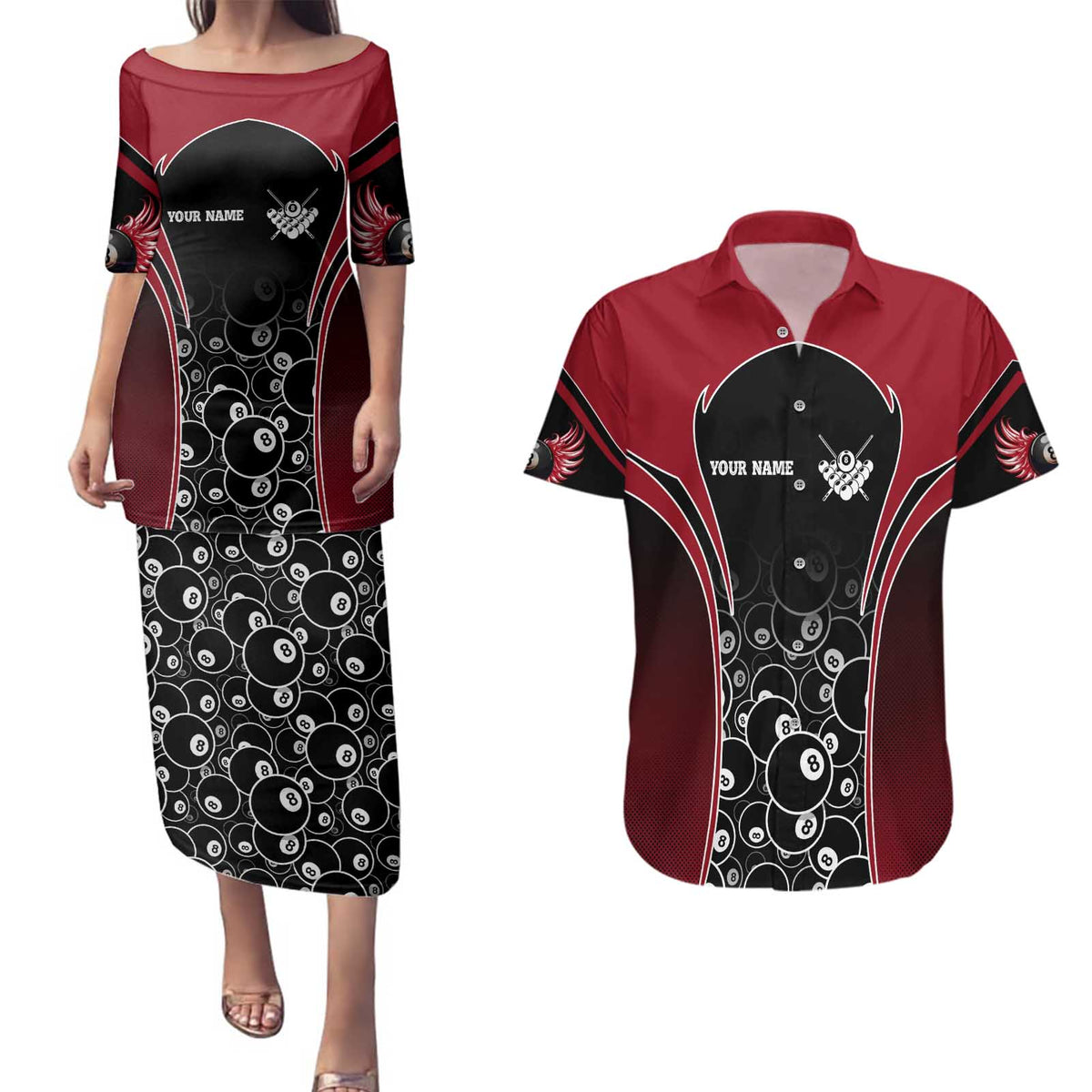 Personalized Billiards Eight Ball Couples Matching Puletasi and Hawaiian Shirt with Red Wing Emblem and Black Gradient Bubble Pattern - Wonder Print Shop