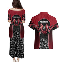 Personalized Billiards Eight Ball Couples Matching Puletasi and Hawaiian Shirt with Red Wing Emblem and Black Gradient Bubble Pattern - Wonder Print Shop