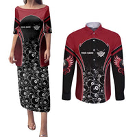 Personalized Billiards Eight Ball Couples Matching Puletasi and Long Sleeve Button Shirt with Red Wing Emblem and Black Gradient Bubble Pattern - Wonder Print Shop