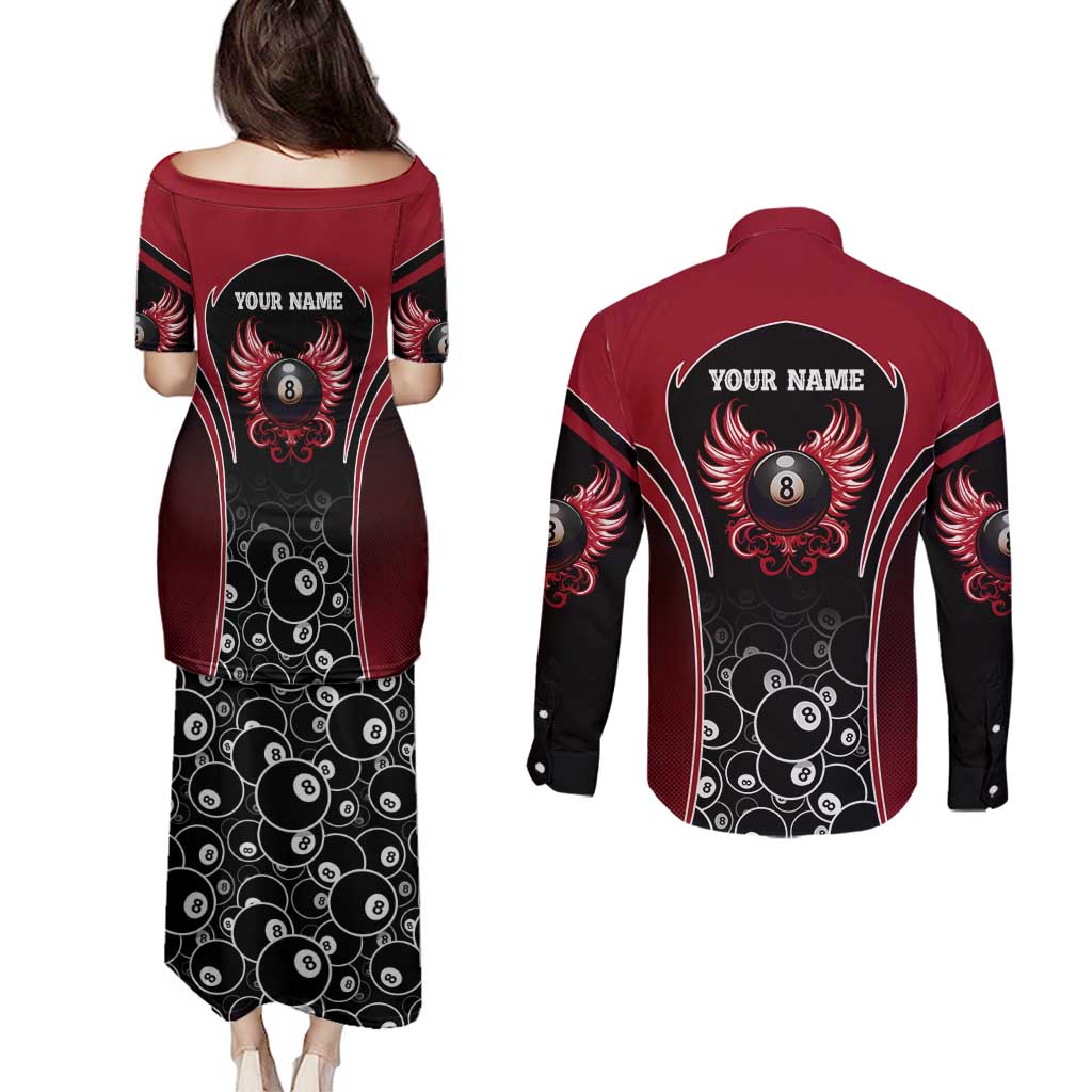 Personalized Billiards Eight Ball Couples Matching Puletasi and Long Sleeve Button Shirt with Red Wing Emblem and Black Gradient Bubble Pattern - Wonder Print Shop