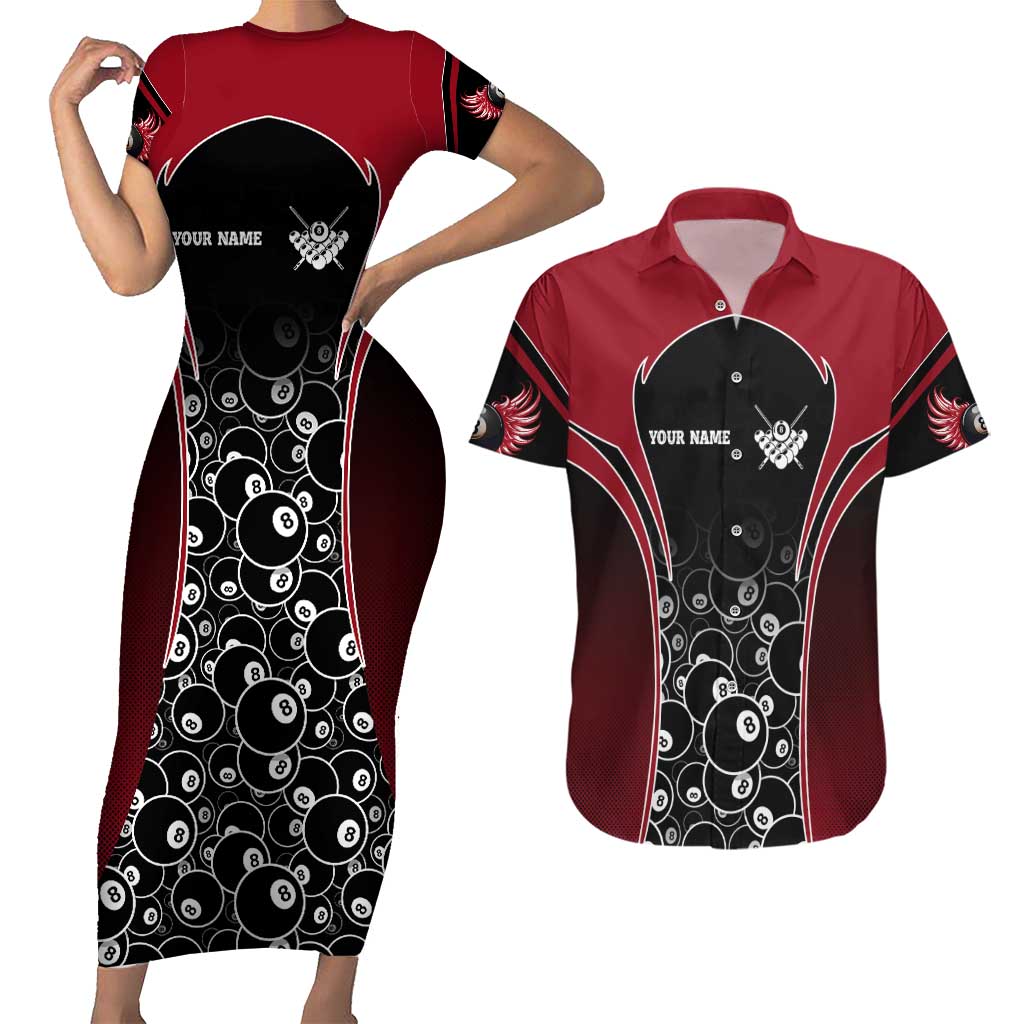 Personalized Billiards Eight Ball Couples Matching Short Sleeve Bodycon Dress and Hawaiian Shirt with Red Wing Emblem and Black Gradient Bubble Pattern - Wonder Print Shop