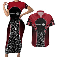 Personalized Billiards Eight Ball Couples Matching Short Sleeve Bodycon Dress and Hawaiian Shirt with Red Wing Emblem and Black Gradient Bubble Pattern - Wonder Print Shop