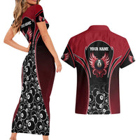 Personalized Billiards Eight Ball Couples Matching Short Sleeve Bodycon Dress and Hawaiian Shirt with Red Wing Emblem and Black Gradient Bubble Pattern - Wonder Print Shop