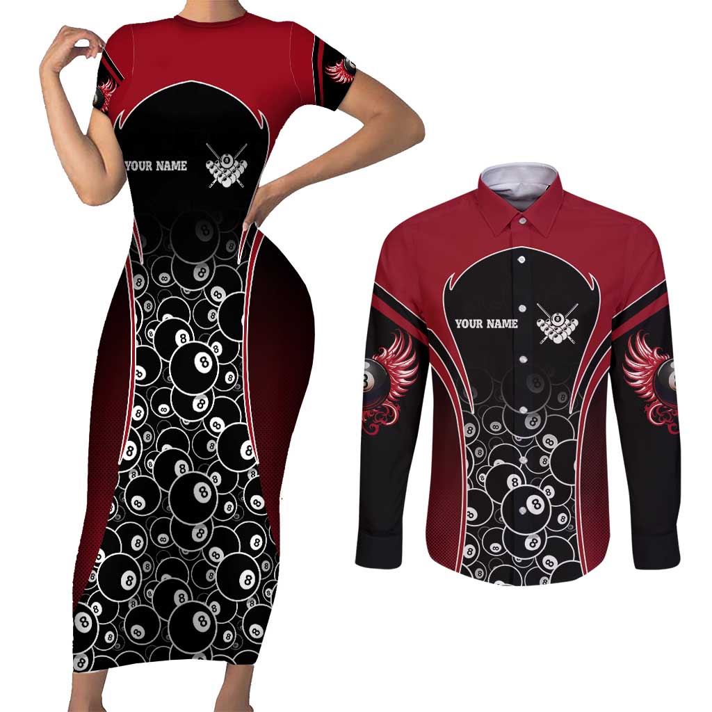 Personalized Billiards Eight Ball Couples Matching Short Sleeve Bodycon Dress and Long Sleeve Button Shirt with Red Wing Emblem and Black Gradient Bubble Pattern - Wonder Print Shop