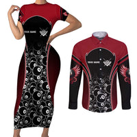 Personalized Billiards Eight Ball Couples Matching Short Sleeve Bodycon Dress and Long Sleeve Button Shirt with Red Wing Emblem and Black Gradient Bubble Pattern - Wonder Print Shop