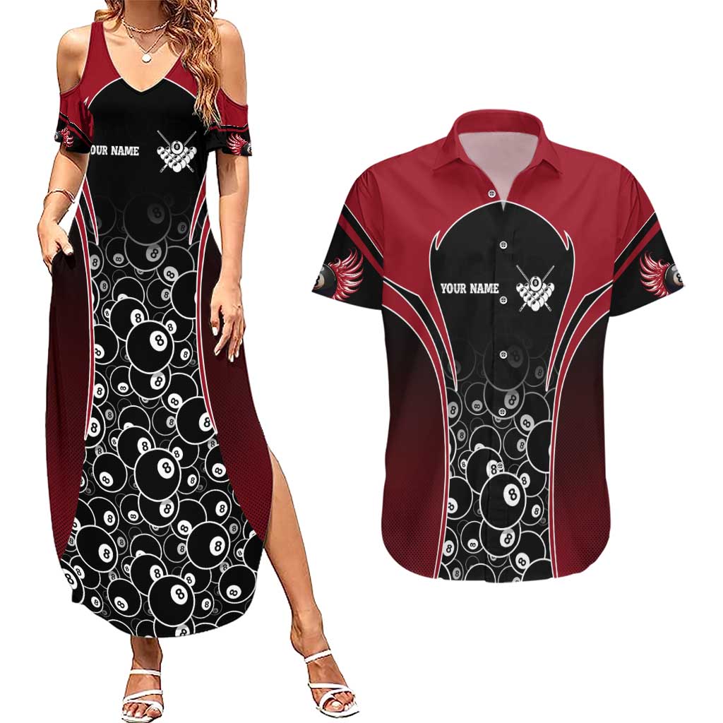 Personalized Billiards Eight Ball Couples Matching Summer Maxi Dress and Hawaiian Shirt with Red Wing Emblem and Black Gradient Bubble Pattern - Wonder Print Shop