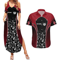 Personalized Billiards Eight Ball Couples Matching Summer Maxi Dress and Hawaiian Shirt with Red Wing Emblem and Black Gradient Bubble Pattern - Wonder Print Shop