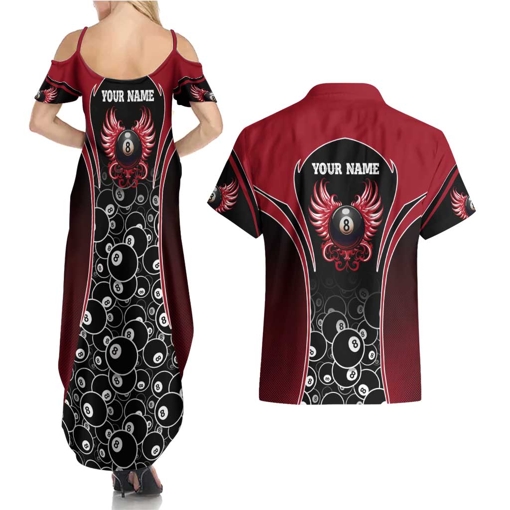 Personalized Billiards Eight Ball Couples Matching Summer Maxi Dress and Hawaiian Shirt with Red Wing Emblem and Black Gradient Bubble Pattern - Wonder Print Shop