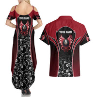 Personalized Billiards Eight Ball Couples Matching Summer Maxi Dress and Hawaiian Shirt with Red Wing Emblem and Black Gradient Bubble Pattern - Wonder Print Shop