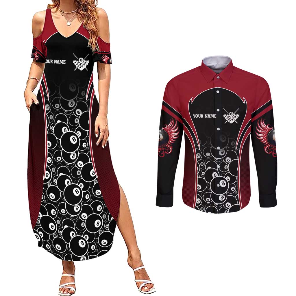 Personalized Billiards Eight Ball Couples Matching Summer Maxi Dress and Long Sleeve Button Shirt with Red Wing Emblem and Black Gradient Bubble Pattern - Wonder Print Shop