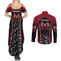 Personalized Billiards Eight Ball Couples Matching Summer Maxi Dress and Long Sleeve Button Shirt with Red Wing Emblem and Black Gradient Bubble Pattern - Wonder Print Shop
