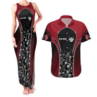 Personalized Billiards Eight Ball Couples Matching Tank Maxi Dress and Hawaiian Shirt with Red Wing Emblem and Black Gradient Bubble Pattern - Wonder Print Shop