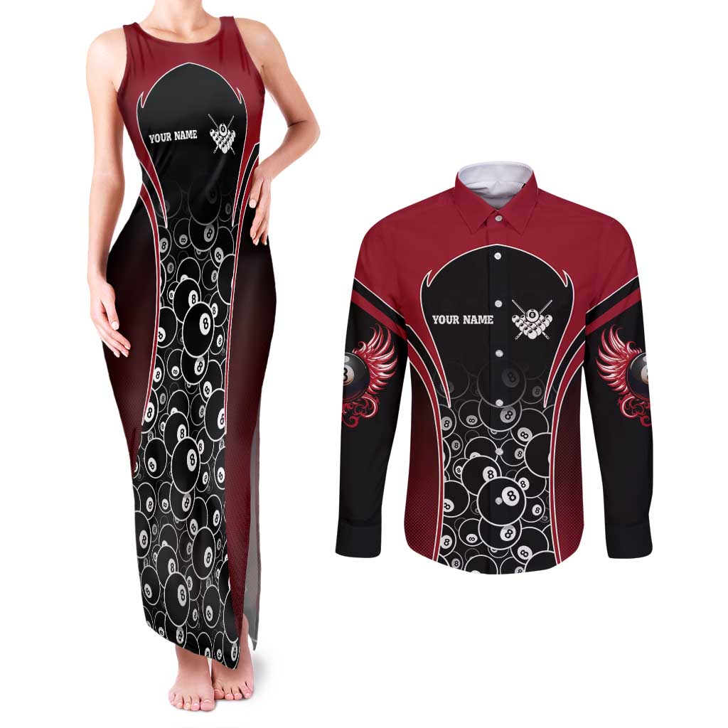 Personalized Billiards Eight Ball Couples Matching Tank Maxi Dress and Long Sleeve Button Shirt with Red Wing Emblem and Black Gradient Bubble Pattern - Wonder Print Shop