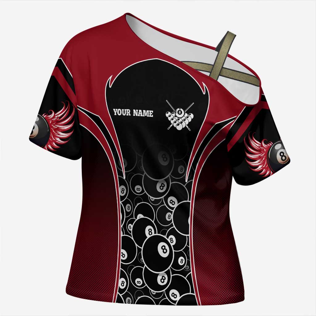 Personalized Billiards Eight Ball Cross Shoulder Shirt with Red Wing Emblem and Black Gradient Bubble Pattern - Wonder Print Shop