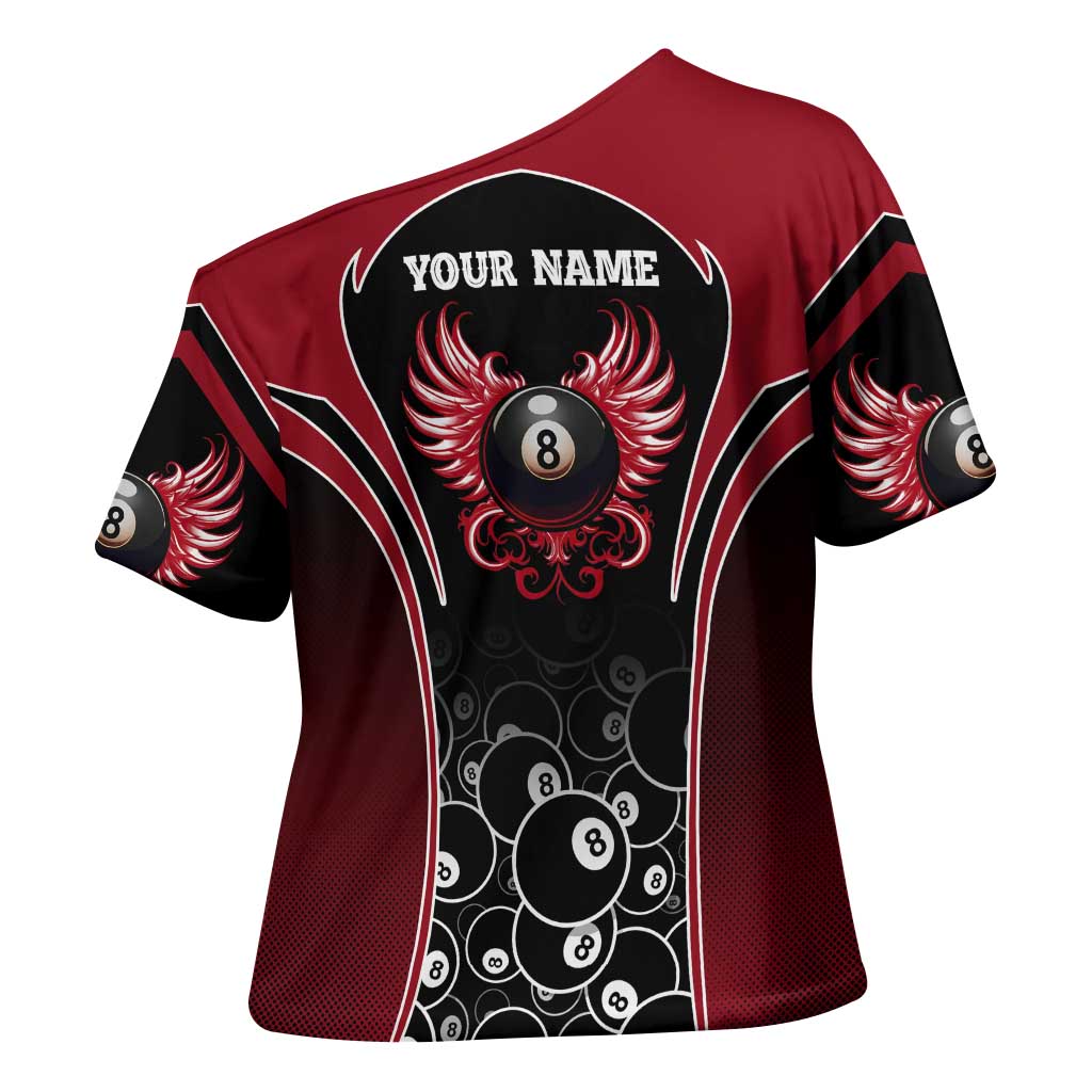 Personalized Billiards Eight Ball Cross Shoulder Shirt with Red Wing Emblem and Black Gradient Bubble Pattern - Wonder Print Shop