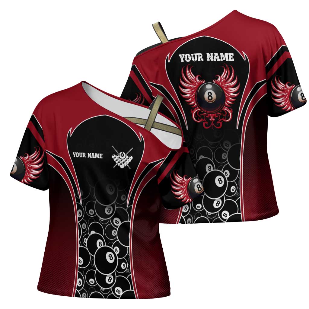 Personalized Billiards Eight Ball Cross Shoulder Shirt with Red Wing Emblem and Black Gradient Bubble Pattern - Wonder Print Shop