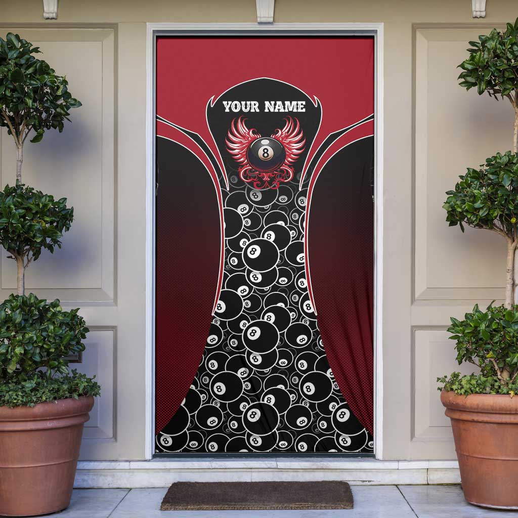 Personalized Billiards Eight Ball Door Cover with Red Wing Emblem and Black Gradient Bubble Pattern - Wonder Print Shop