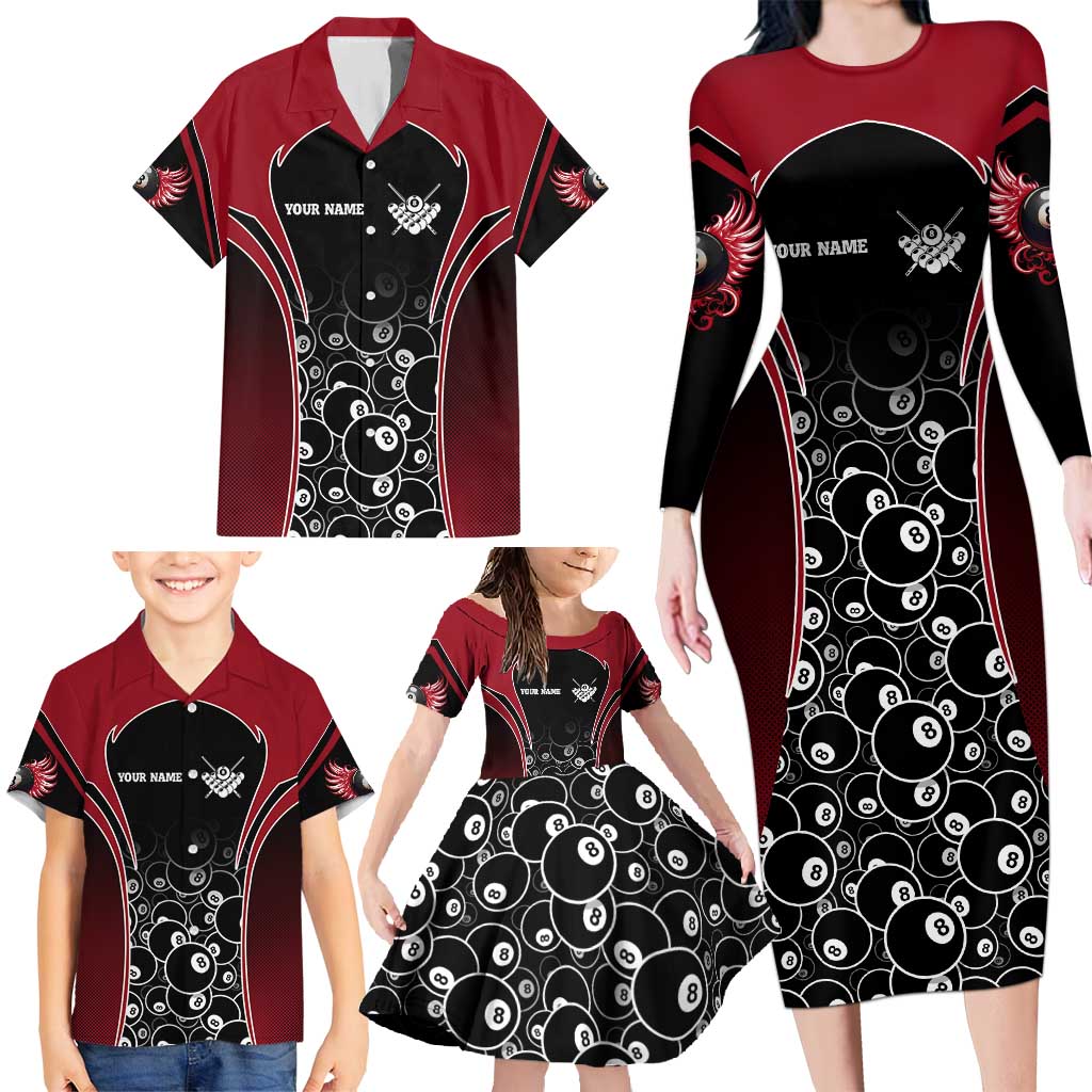 Personalized Billiards Eight Ball Family Matching Long Sleeve Bodycon Dress and Hawaiian Shirt with Red Wing Emblem and Black Gradient Bubble Pattern - Wonder Print Shop