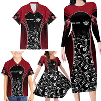 Personalized Billiards Eight Ball Family Matching Long Sleeve Bodycon Dress and Hawaiian Shirt with Red Wing Emblem and Black Gradient Bubble Pattern - Wonder Print Shop