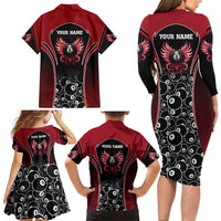 Personalized Billiards Eight Ball Family Matching Long Sleeve Bodycon Dress and Hawaiian Shirt with Red Wing Emblem and Black Gradient Bubble Pattern - Wonder Print Shop