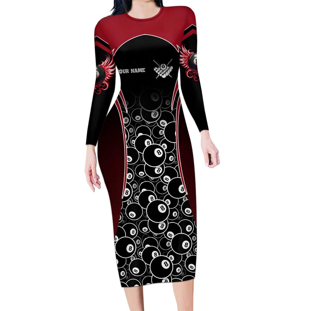 Personalized Billiards Eight Ball Family Matching Long Sleeve Bodycon Dress and Hawaiian Shirt with Red Wing Emblem and Black Gradient Bubble Pattern - Wonder Print Shop