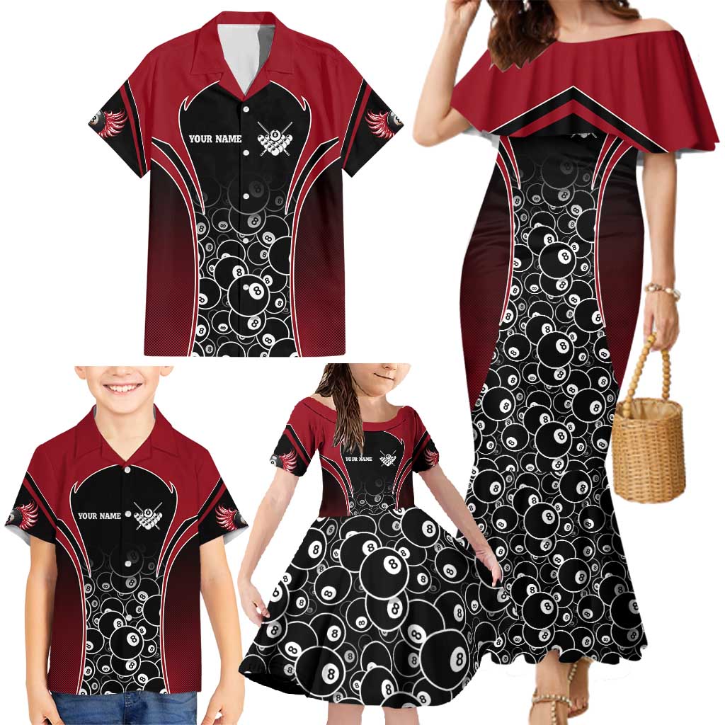 Personalized Billiards Eight Ball Family Matching Mermaid Dress and Hawaiian Shirt with Red Wing Emblem and Black Gradient Bubble Pattern - Wonder Print Shop