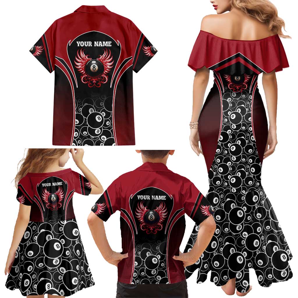Personalized Billiards Eight Ball Family Matching Mermaid Dress and Hawaiian Shirt with Red Wing Emblem and Black Gradient Bubble Pattern - Wonder Print Shop