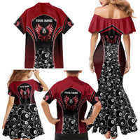 Personalized Billiards Eight Ball Family Matching Mermaid Dress and Hawaiian Shirt with Red Wing Emblem and Black Gradient Bubble Pattern - Wonder Print Shop