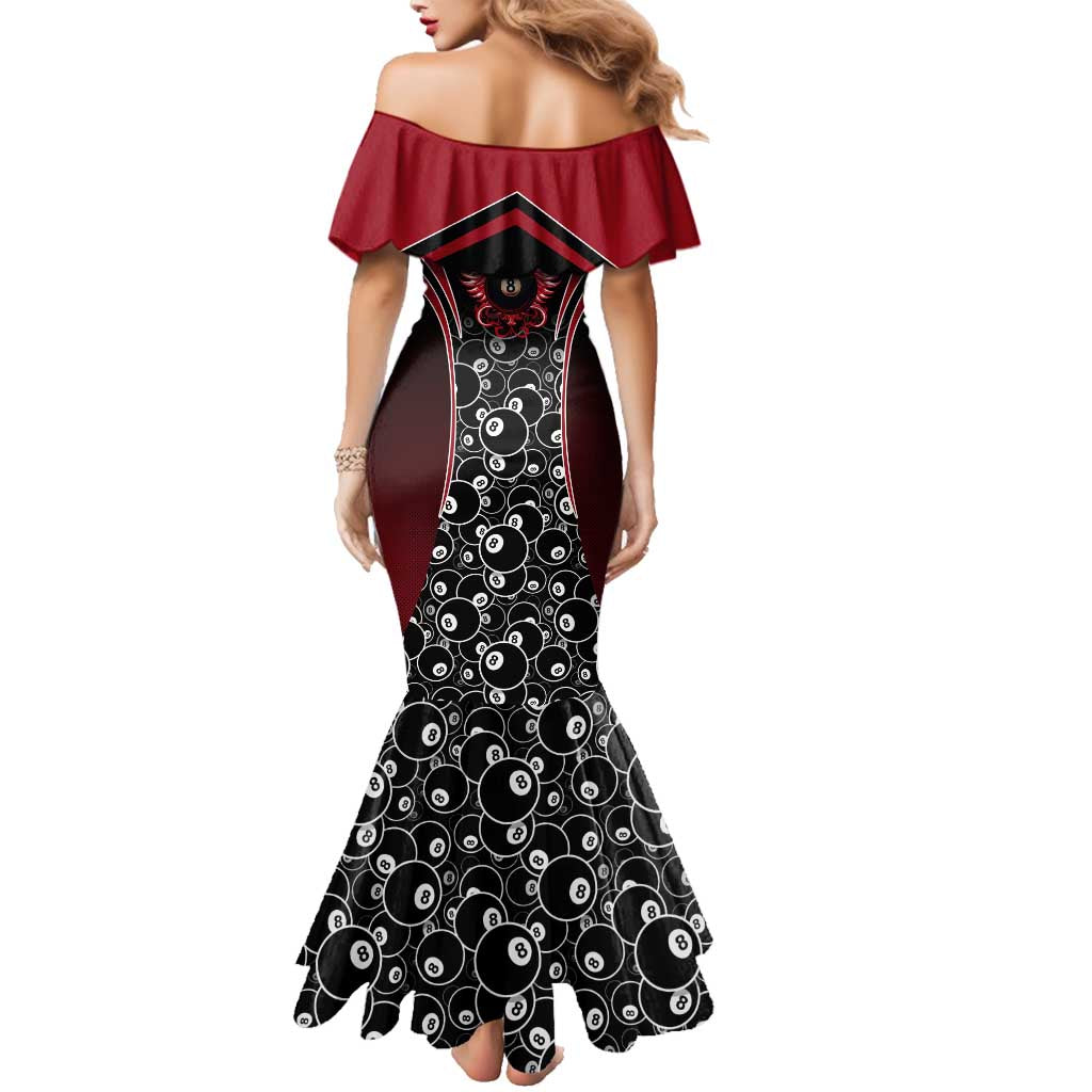 Personalized Billiards Eight Ball Family Matching Mermaid Dress and Hawaiian Shirt with Red Wing Emblem and Black Gradient Bubble Pattern - Wonder Print Shop