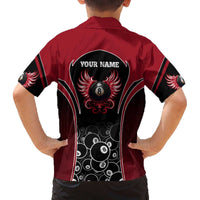 Personalized Billiards Eight Ball Family Matching Off The Shoulder Long Sleeve Dress and Hawaiian Shirt with Red Wing Emblem and Black Gradient Bubble Pattern - Wonder Print Shop