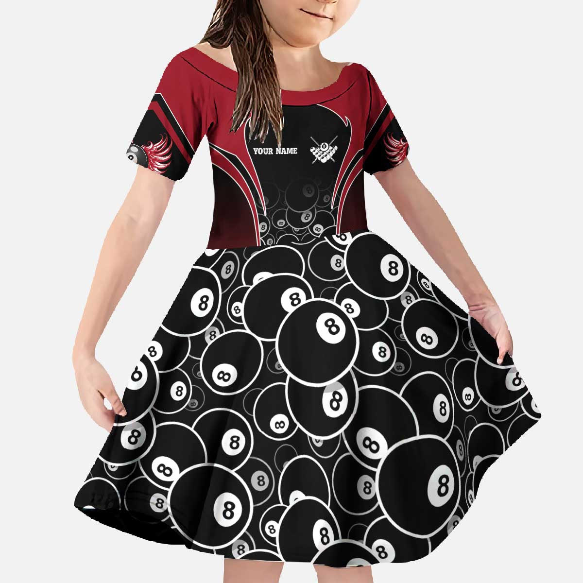 Personalized Billiards Eight Ball Family Matching Off The Shoulder Long Sleeve Dress and Hawaiian Shirt with Red Wing Emblem and Black Gradient Bubble Pattern - Wonder Print Shop