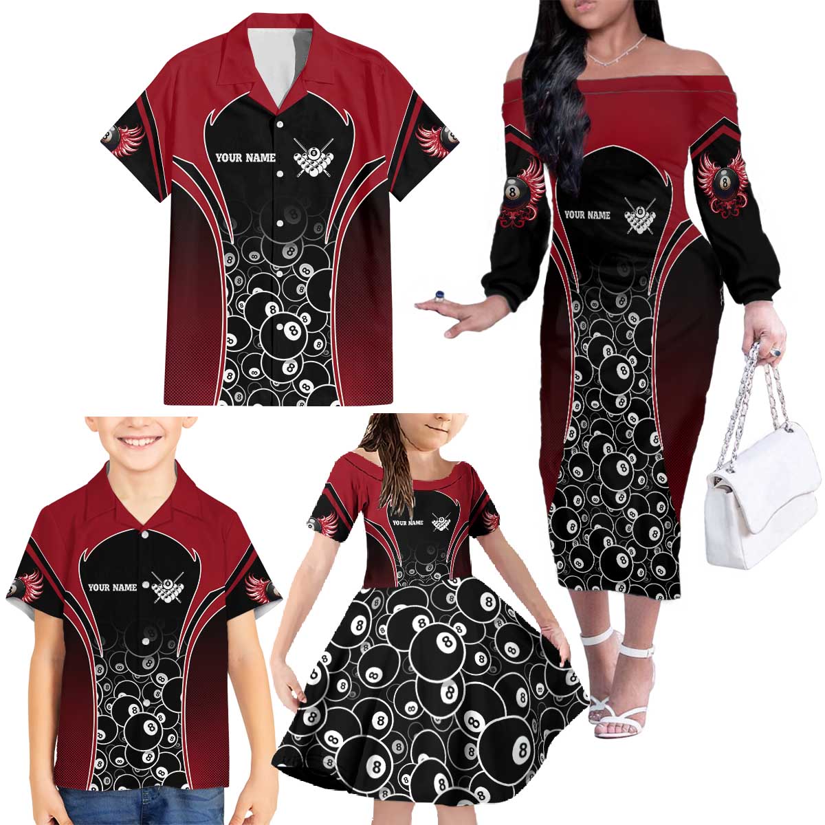 Personalized Billiards Eight Ball Family Matching Off The Shoulder Long Sleeve Dress and Hawaiian Shirt with Red Wing Emblem and Black Gradient Bubble Pattern - Wonder Print Shop