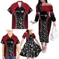 Personalized Billiards Eight Ball Family Matching Off The Shoulder Long Sleeve Dress and Hawaiian Shirt with Red Wing Emblem and Black Gradient Bubble Pattern - Wonder Print Shop